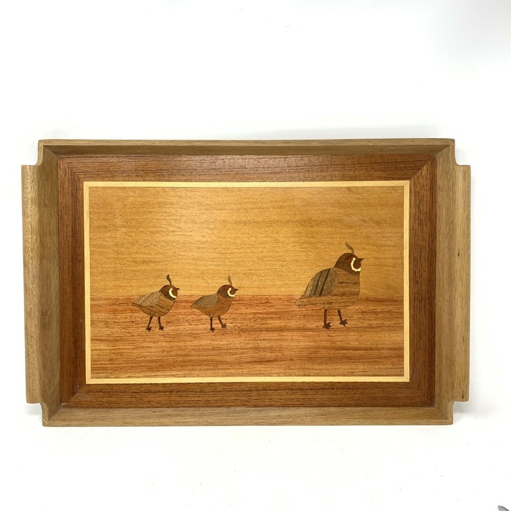 Wooden Tray Inlaid Wood Quail Birds 19 x 12